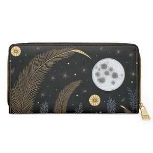 Celestial Moon Zipper Wallet | Black Flower Midnight Themed Wallet Design
